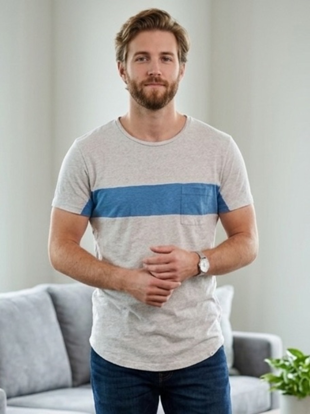 Orlebar Brown T-Shirt Blue Striped Front Pocket Short Sleeve Tee (M1)
